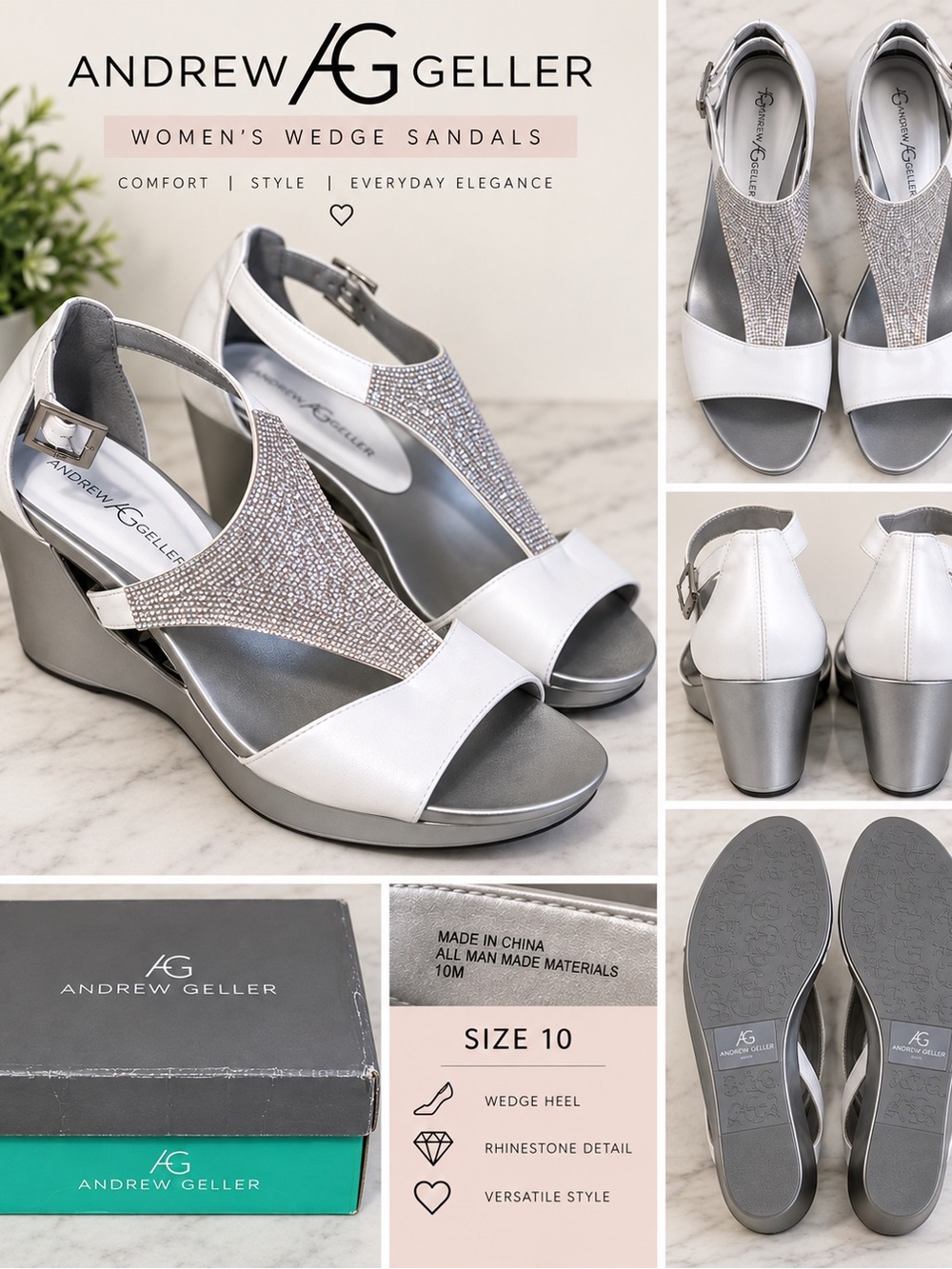 Andrew Geller Women's White & Silver Wedge Sandals - Size 10